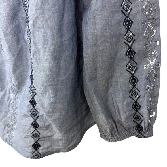 Chicos Womens Embellished Denim Chambray Embroidered Sequin Top Shirt Blue 2/ L - Picture 8 of 16